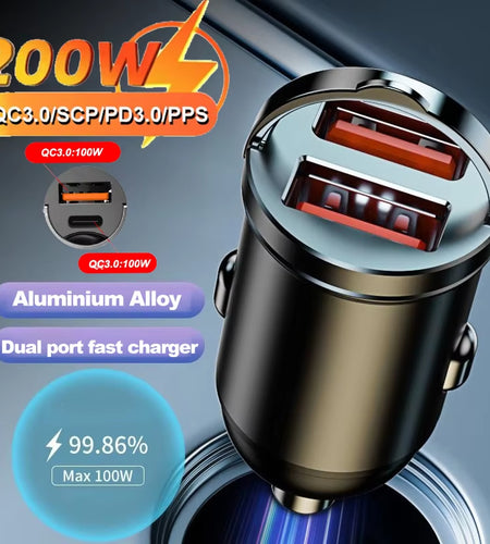 Car 100-200W Dual Port Mini USB Charger Ultra Fast Charging Cigarette Lighter Socket 12-24V Aluminum Cell Phone Charging Adapter