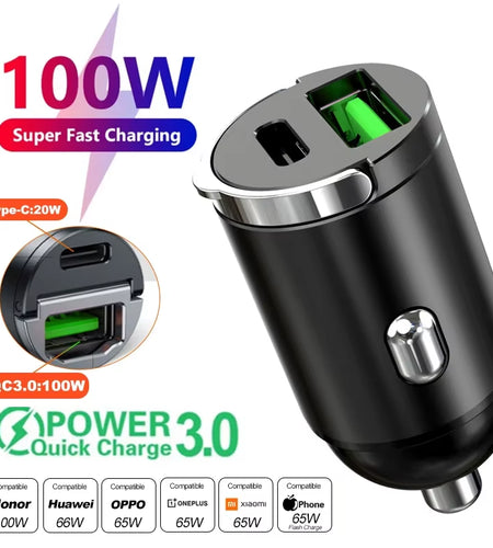 Car 100-200W Dual Port Mini USB Charger Ultra Fast Charging Cigarette Lighter Socket 12-24V Aluminum Cell Phone Charging Adapter